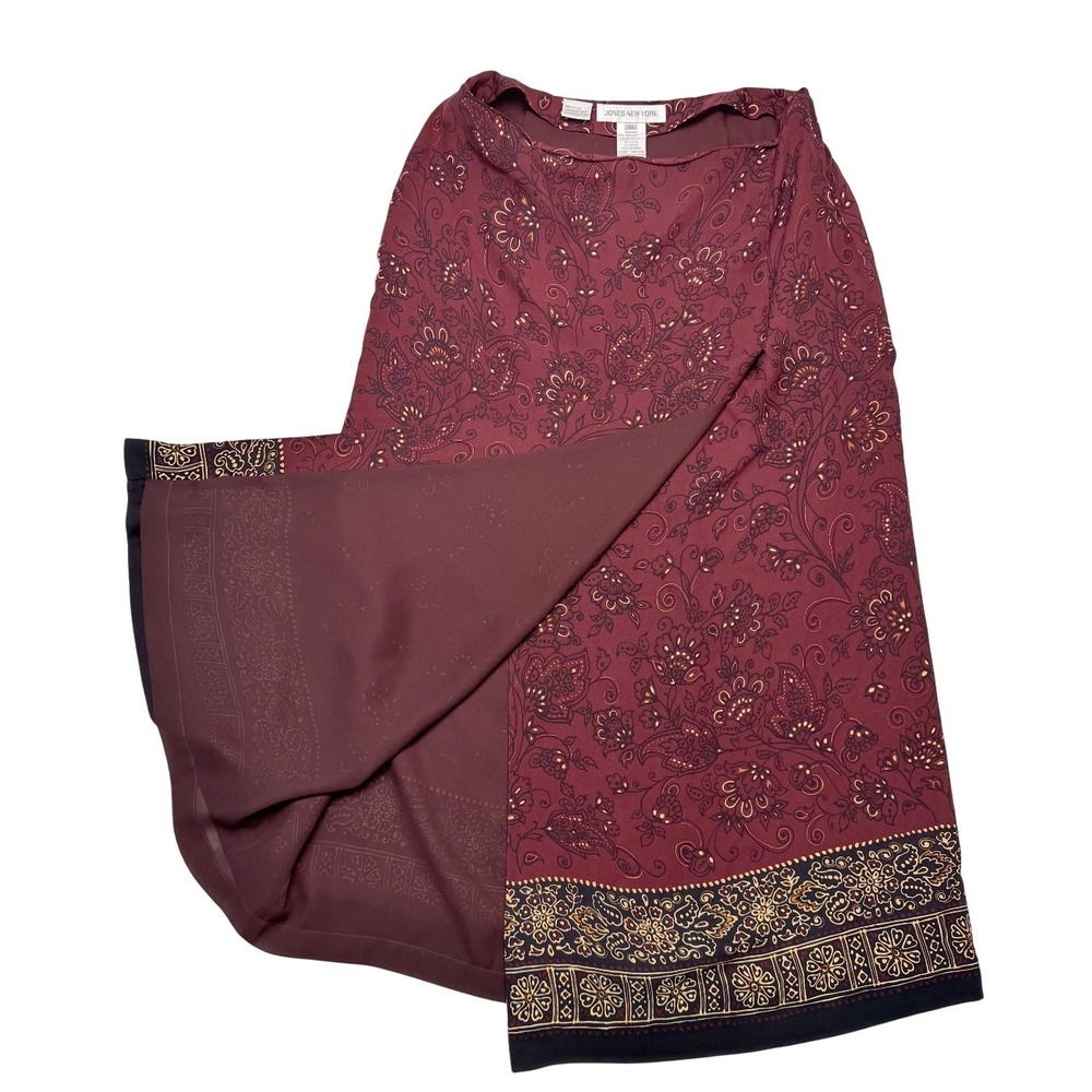 Vintage Maxi Skirt 100% Silk Sz 10 Burgundy Boho Paisley Floral Office Career